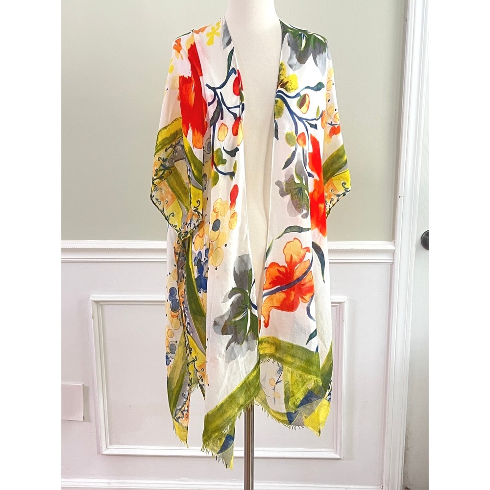 Janice Apparel Kimono Cardigan OS Women Floral Frayed Hem White Boho Coverup